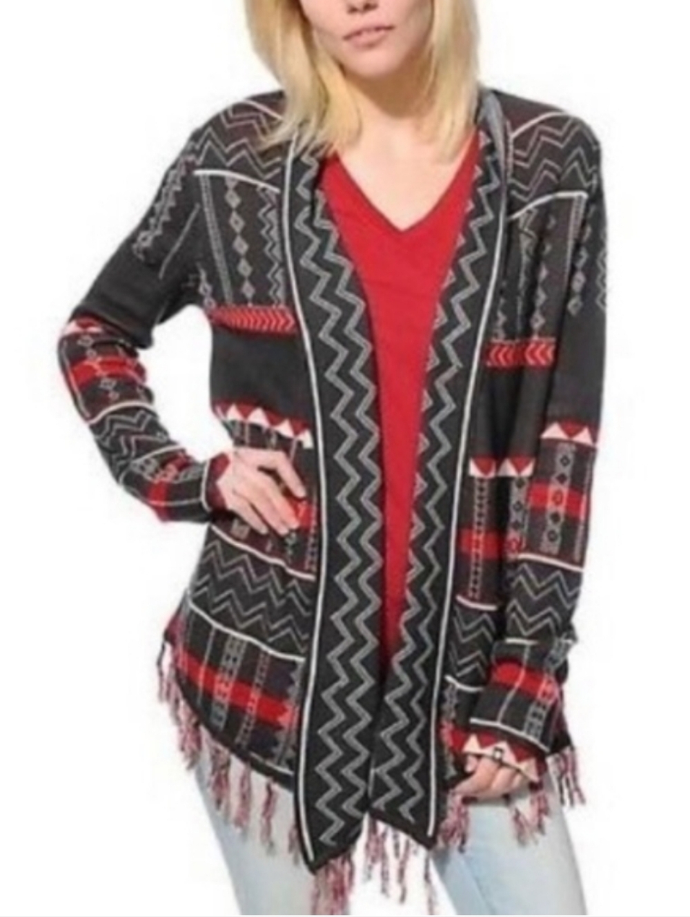 Designers Closet Milena Cardigan Sweater Western Pattern Fringe Size L Aztec